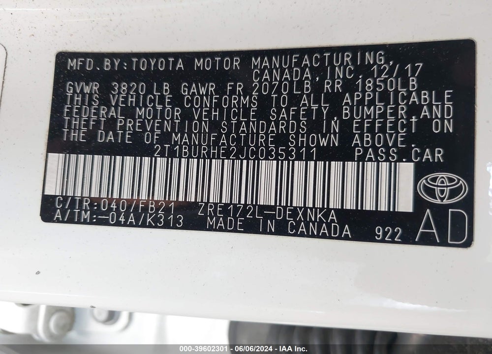 2018 TOYOTA COROLLA LE VIN: 2T1BURHE2JC035311