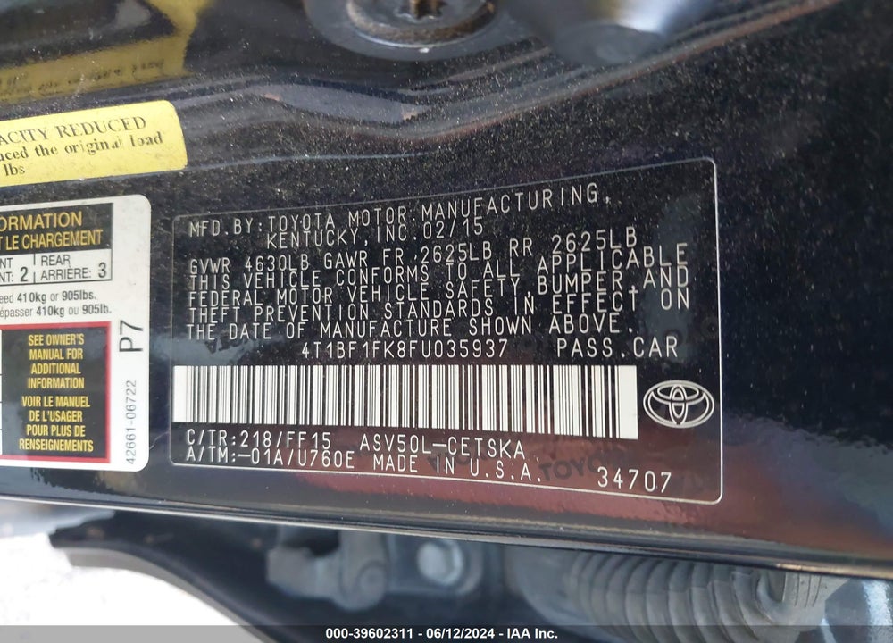 2015 TOYOTA CAMRY SE VIN: 4T1BF1FK8FU035937