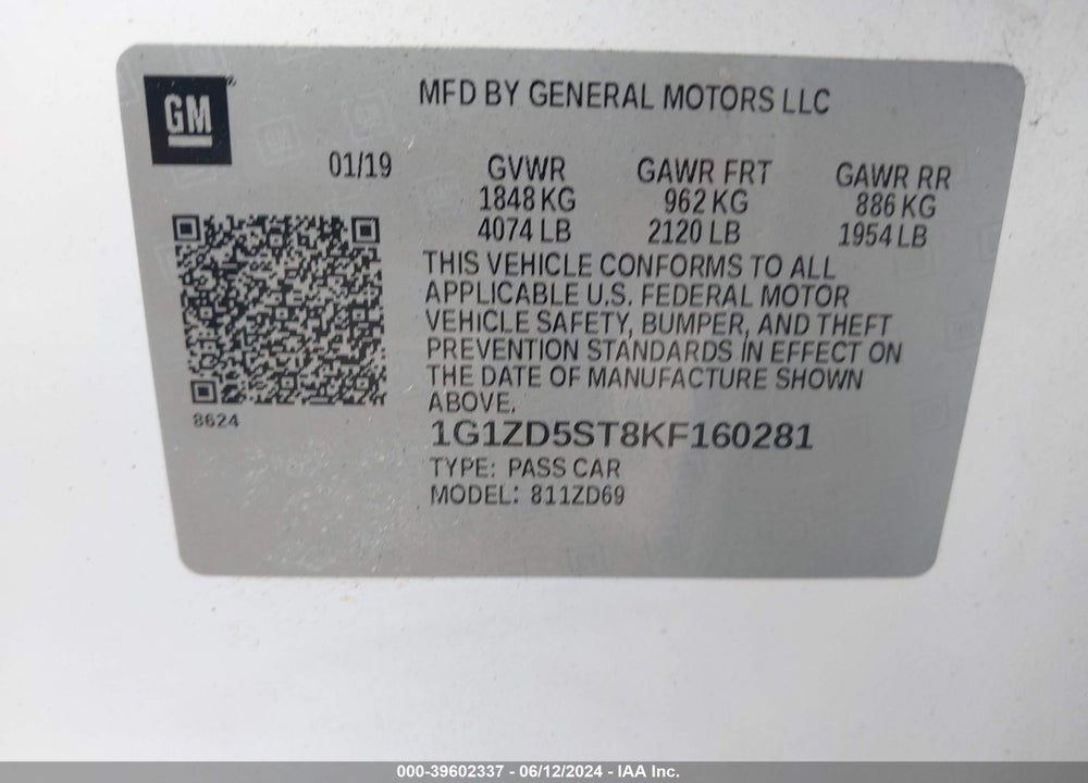2019 CHEVROLET MALIBU LT VIN: 1G1ZD5ST8KF160281