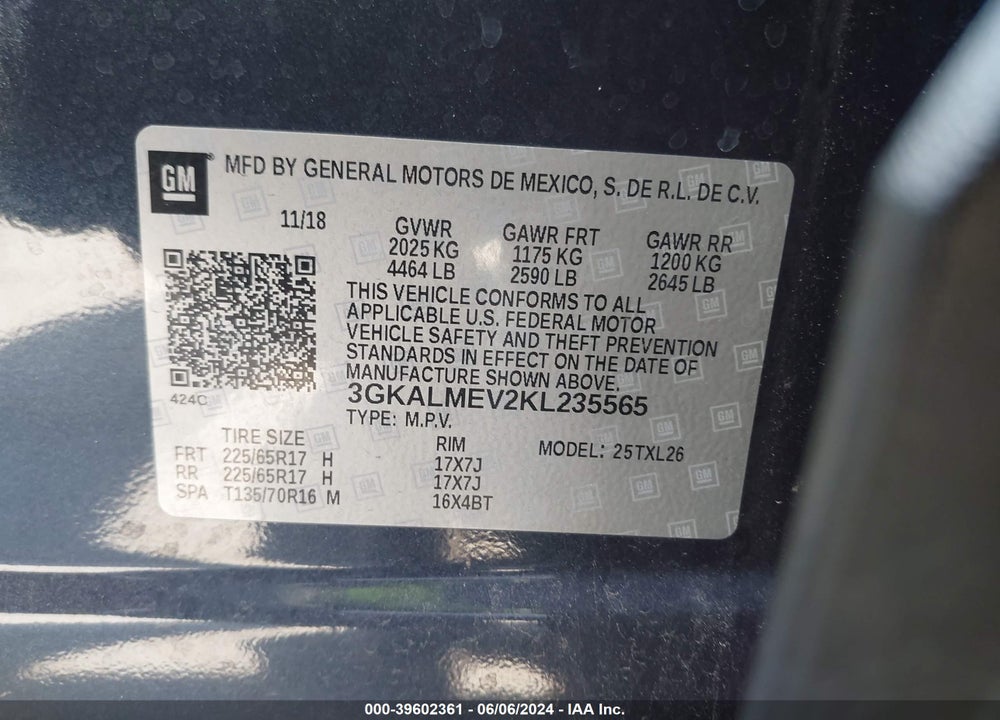 2019 GMC TERRAIN SLE VIN: 3GKALMEV2KL235565