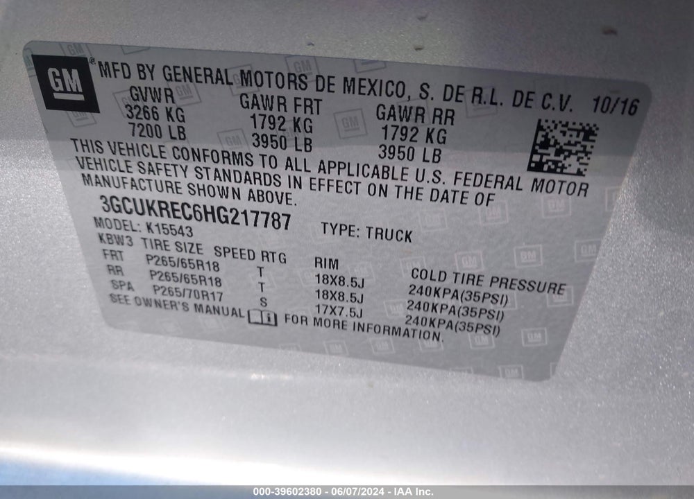 2017 CHEVROLET SILVERADO 1500 2LT VIN: 3GCUKREC6HG217787