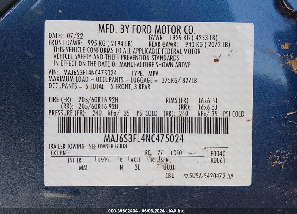 2022 FORD ECOSPORT S VIN: MAJ6S3FL4NC475024
