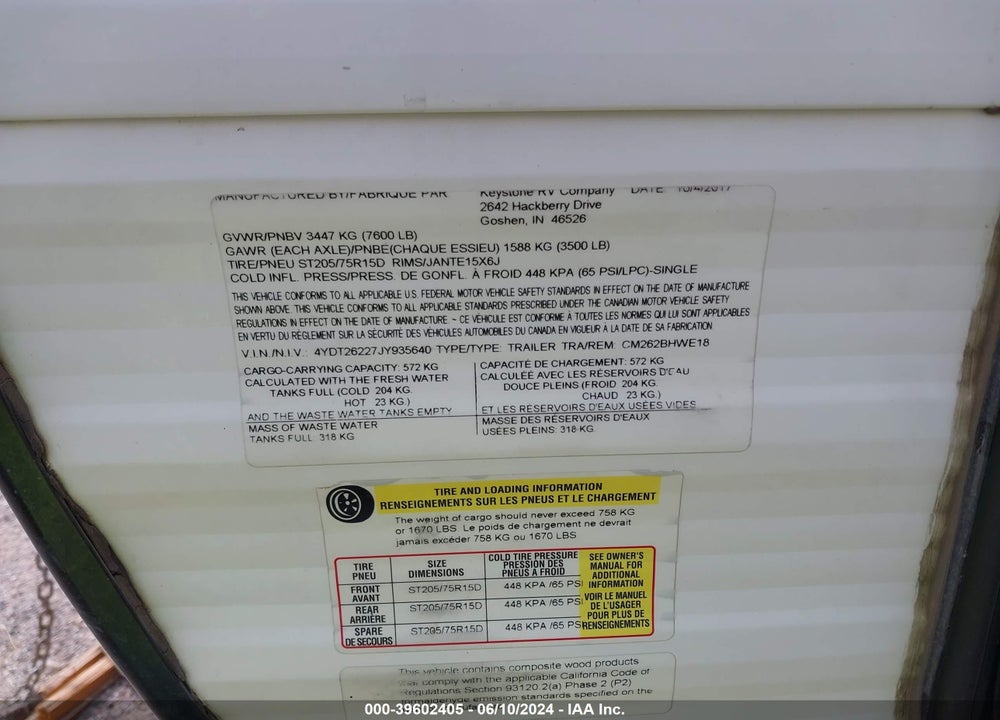 2018 COLEMAN OTHER VIN: 4YDT26227JY935640