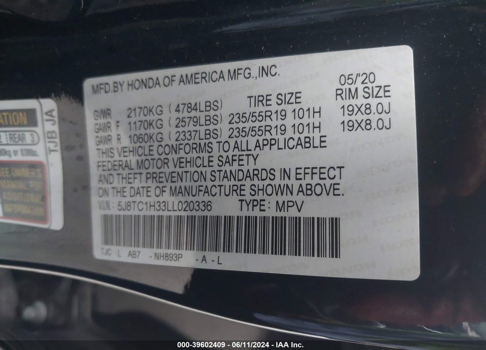 2020 ACURA RDX STANDARD VIN: 5J8TC1H33LL020336