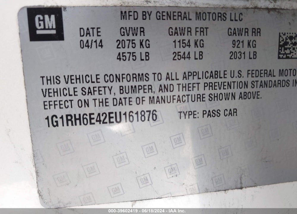 2014 CHEVROLET VOLT VIN: 1G1RH6E42EU161876