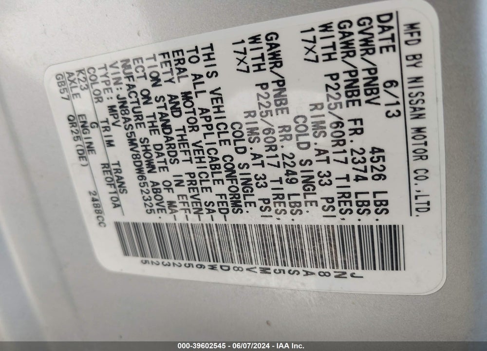 2013 NISSAN ROGUE SV VIN: JN8AS5MV8DW652325