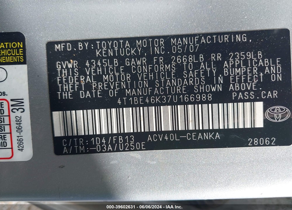 2007 TOYOTA CAMRY LE VIN: 4T1BE46K37U166988