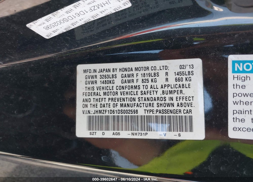2013 HONDA CR-Z VIN: JHMZF1D61DS002598