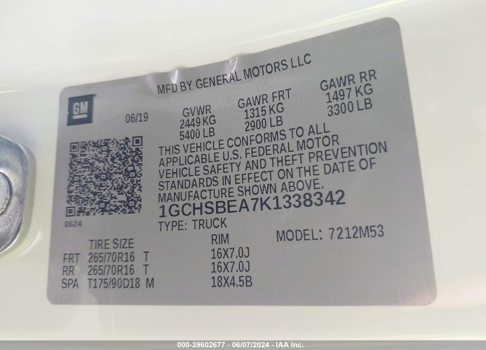 2019 CHEVROLET COLORADO WT VIN: 1GCHSBEA7K1338342