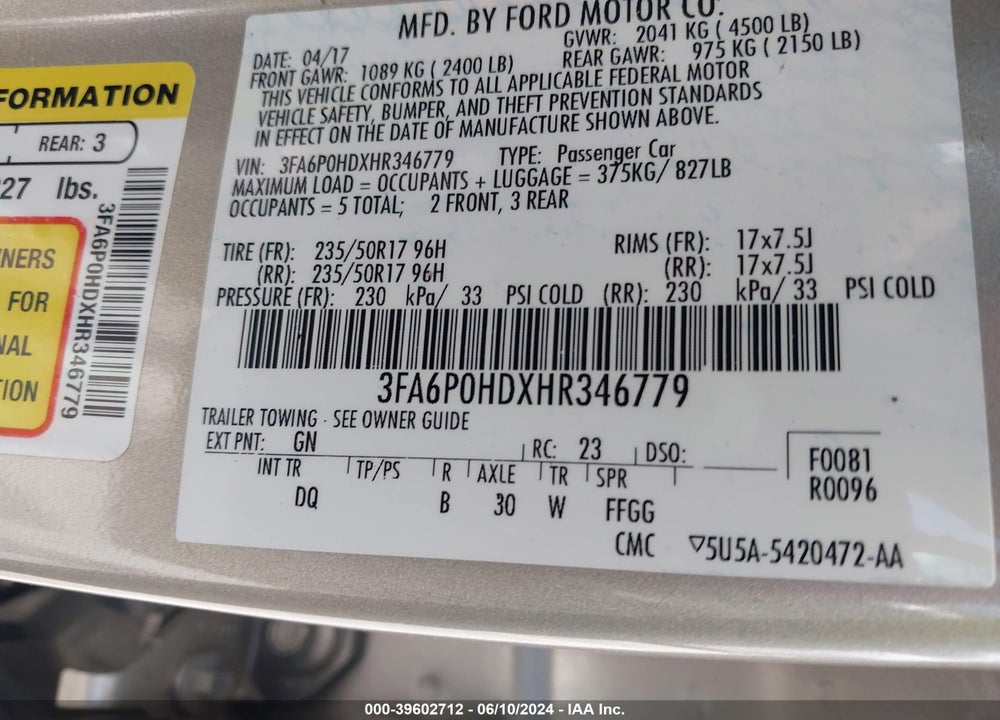 2017 FORD FUSION SE VIN: 3FA6P0HDXHR346779