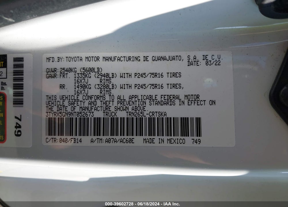 2022 TOYOTA TACOMA SR VIN: 3TYRX5GN9NT052673