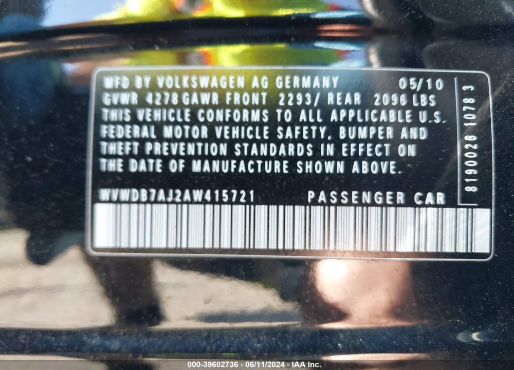 2010 VOLKSWAGEN GOLF 4-DOOR VIN: WVWDB7AJ2AW415721