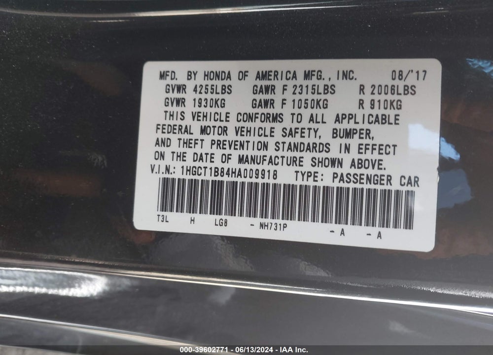 2017 HONDA ACCORD EX-L VIN: 1HGCT1B84HA009918