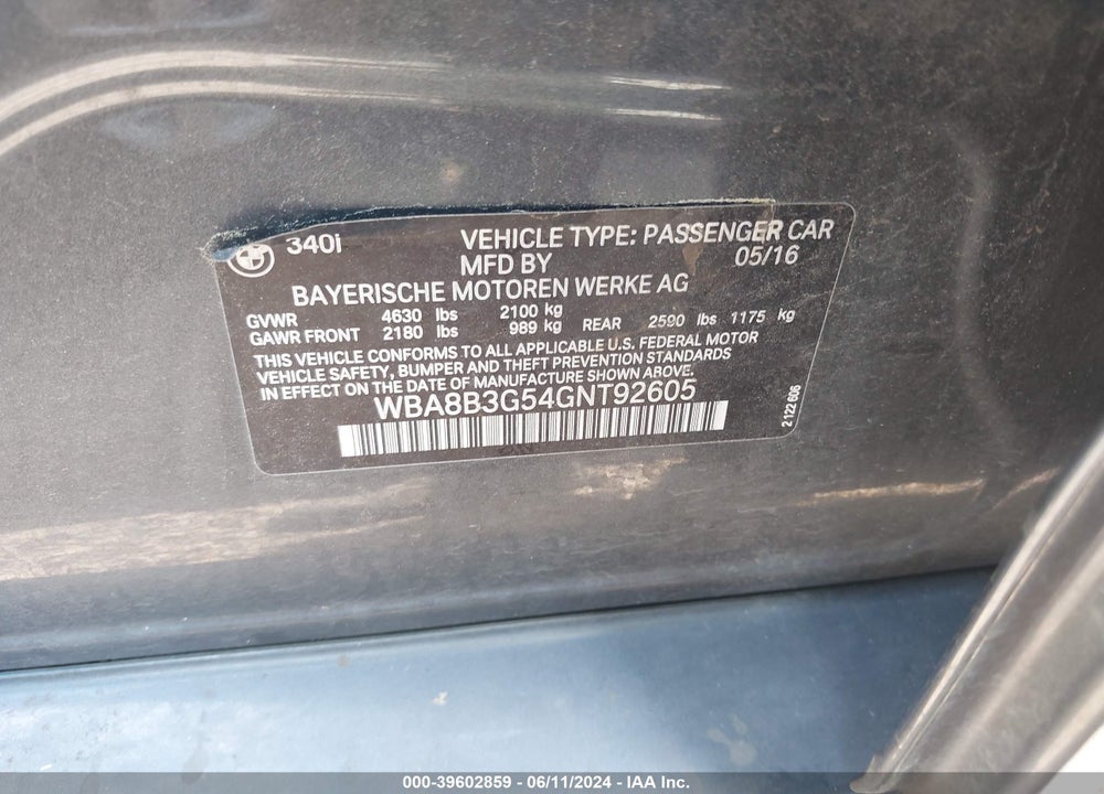 2016 BMW 340I VIN: WBA8B3G54GNT92605