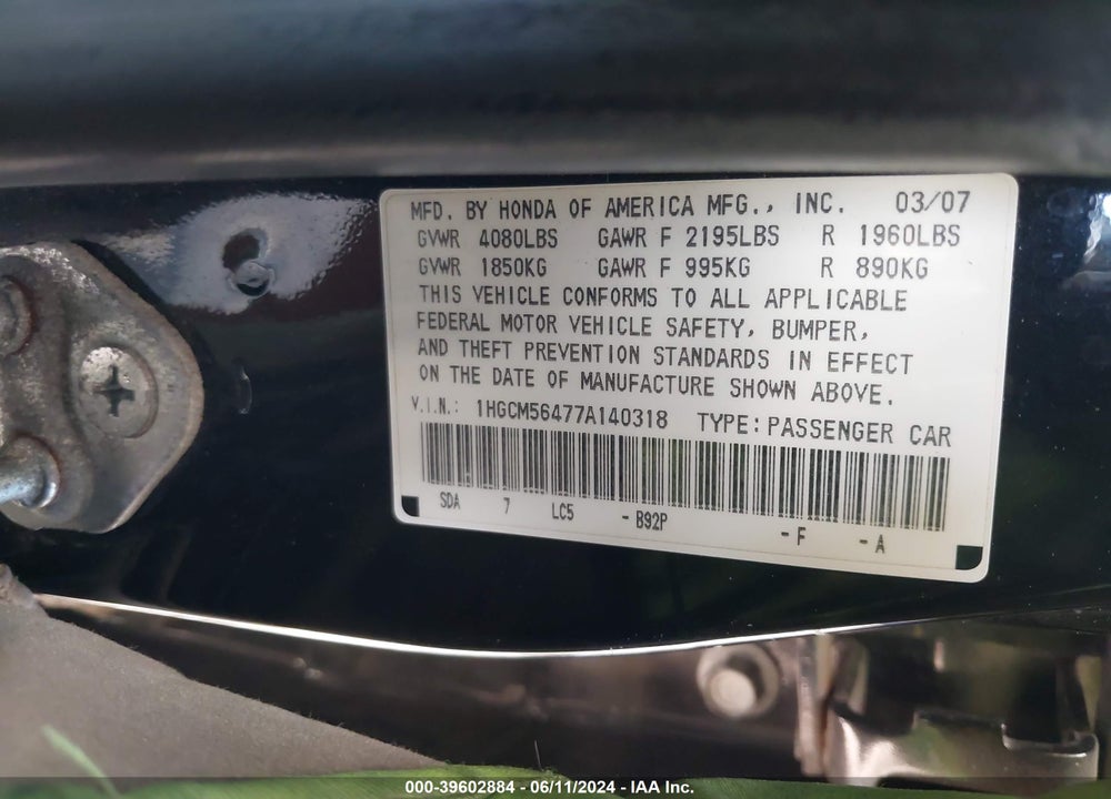 2007 HONDA ACCORD 2.4 LX VIN: 1HGCM56477A140318