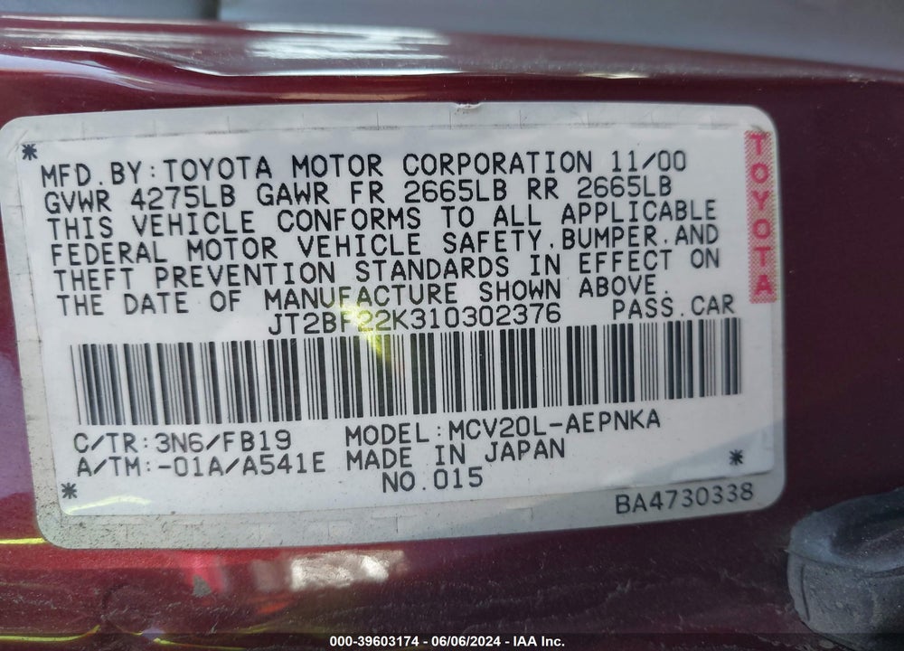 2001 TOYOTA CAMRY LE V6 VIN: JT2BF22K310302376