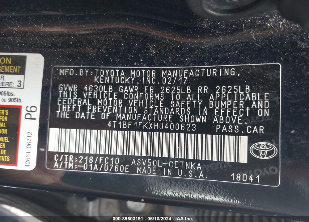2017 TOYOTA CAMRY LE VIN: 4T1BF1FKXHU400623