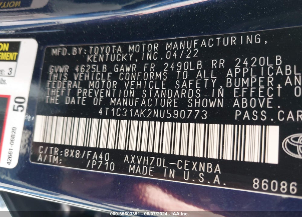2022 TOYOTA CAMRY LE HYBRID VIN: 4T1C31AK2NU590773