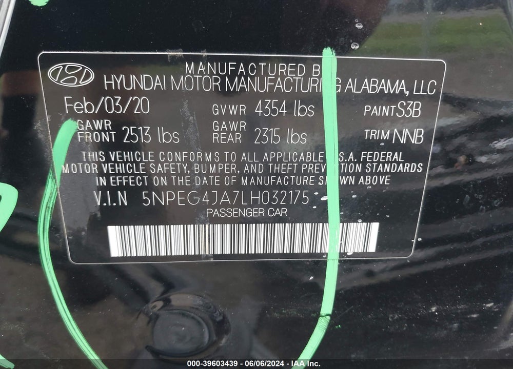 2020 HYUNDAI SONATA SE VIN: 5NPEG4JA7LH032175
