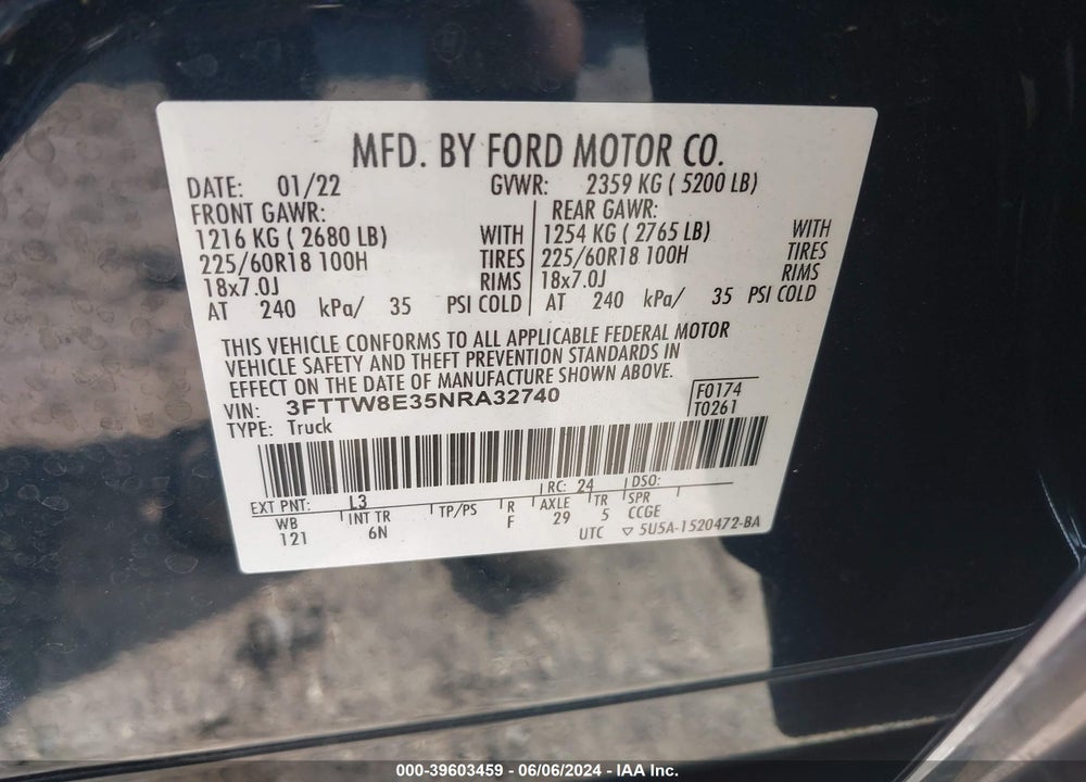 2022 FORD MAVERICK VIN: 3FTTW8E35NRA32740