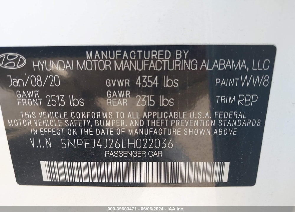 2020 HYUNDAI SONATA VIN: 5NPEJ4J26LH022036