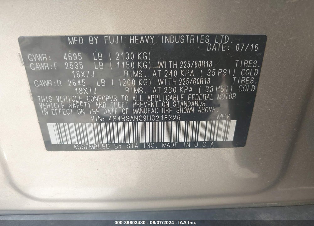 2017 SUBARU OUTBACK 2.5I LIMITED VIN: 4S4BSANC9H3218326