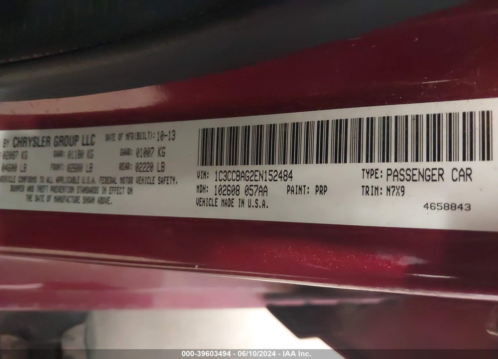 2014 CHRYSLER 200 VIN: 1C3CCBAG2EN152484