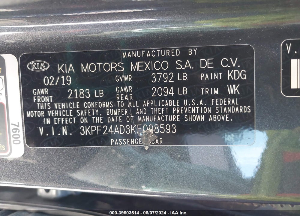 2019 KIA FORTE FE VIN: 3KPF24AD3KE098593
