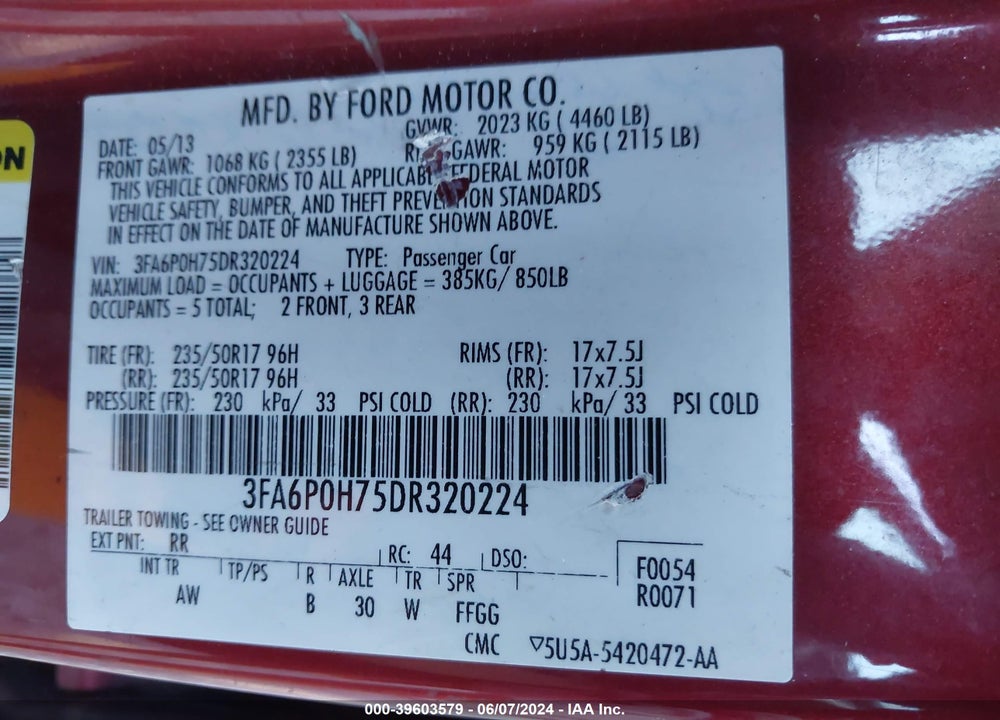 2013 FORD FUSION SE VIN: 3FA6P0H75DR320224