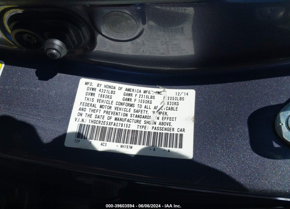 2015 HONDA ACCORD SPORT VIN: 1HGCR2E5XFA079152