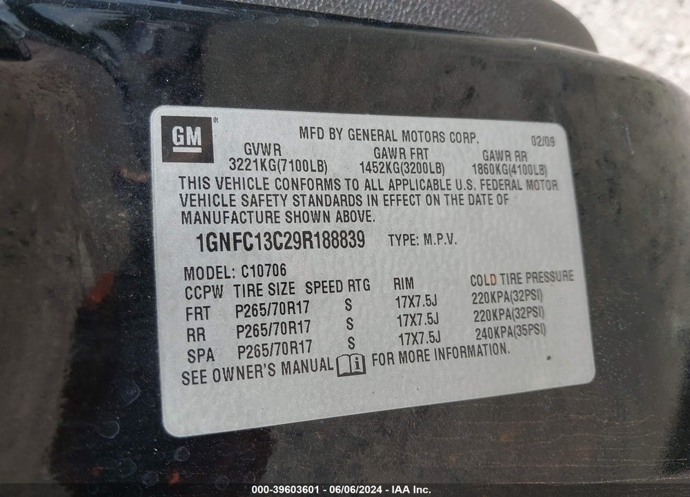 2009 CHEVROLET TAHOE LS VIN: 1GNFC13C29R188839