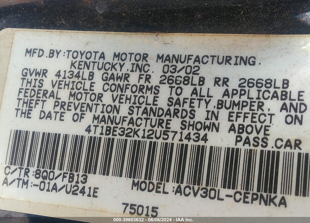 2002 TOYOTA CAMRY LE VIN: 4T1BE32K12U571434