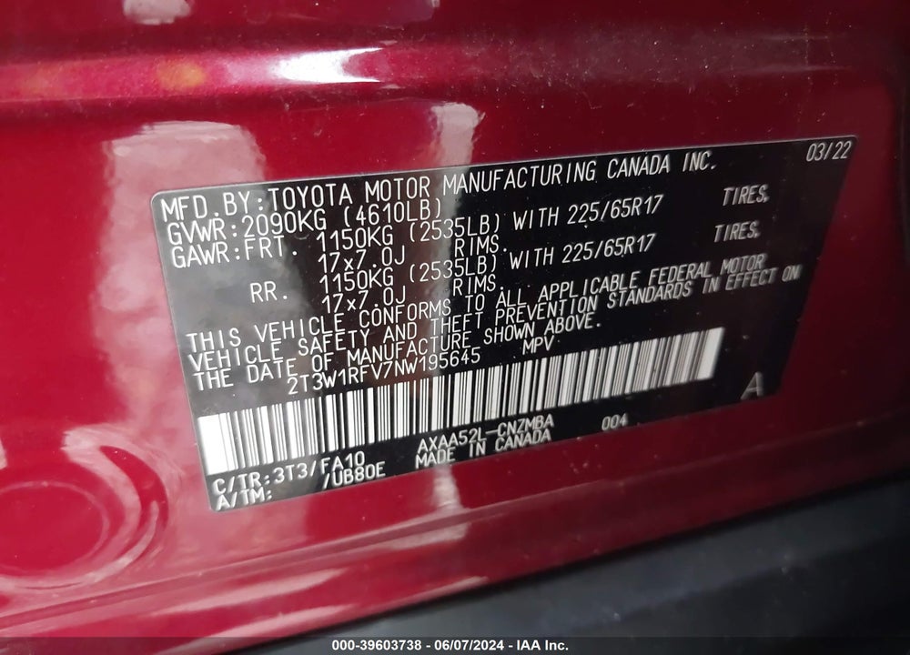 2022 TOYOTA RAV4 VIN: 2T3W1RFV7NW195645