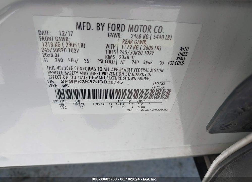 2018 FORD EDGE TITANIUM VIN: 2FMPK3K82JBB38745