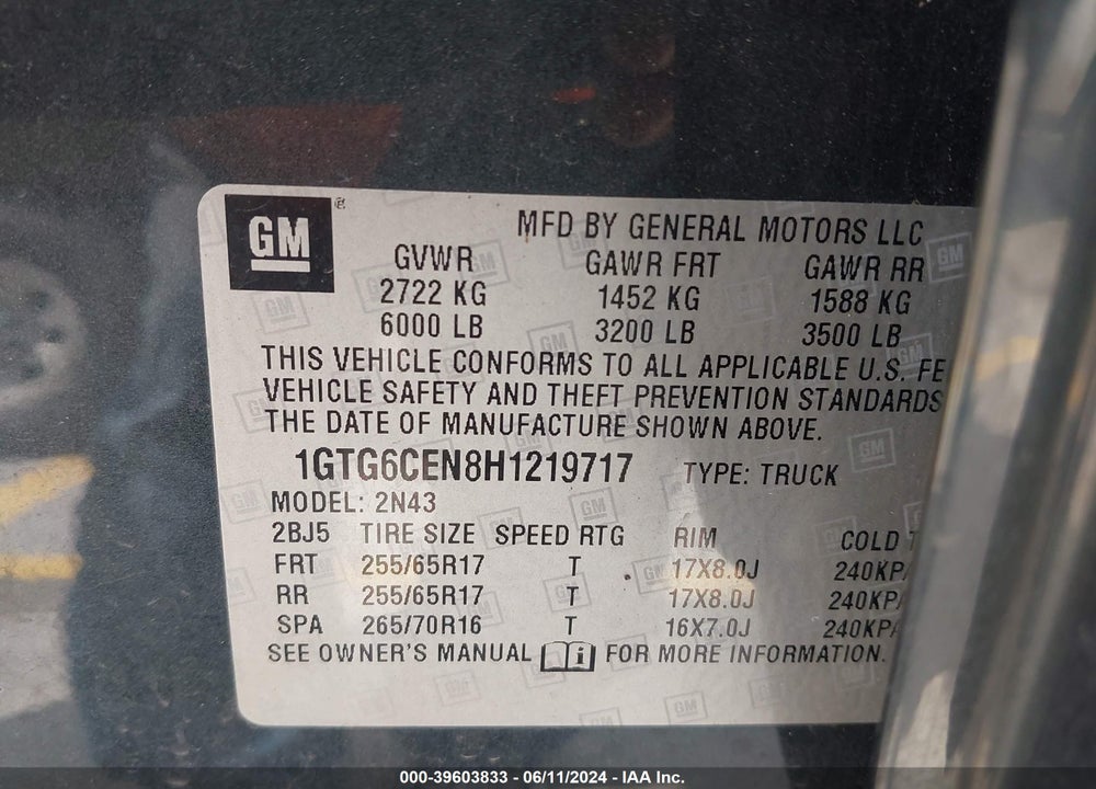 2017 GMC CANYON SLE VIN: 1GTG6CEN8H1219717