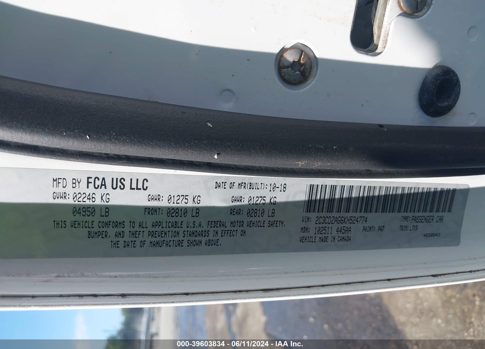 2019 DODGE CHALLENGER SXT VIN: 2C3CDZAG6KH524774