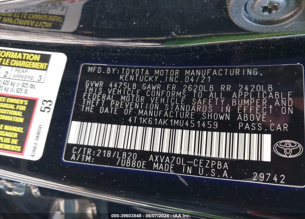 2021 TOYOTA CAMRY XSE VIN: 4T1K61AK1MU451459