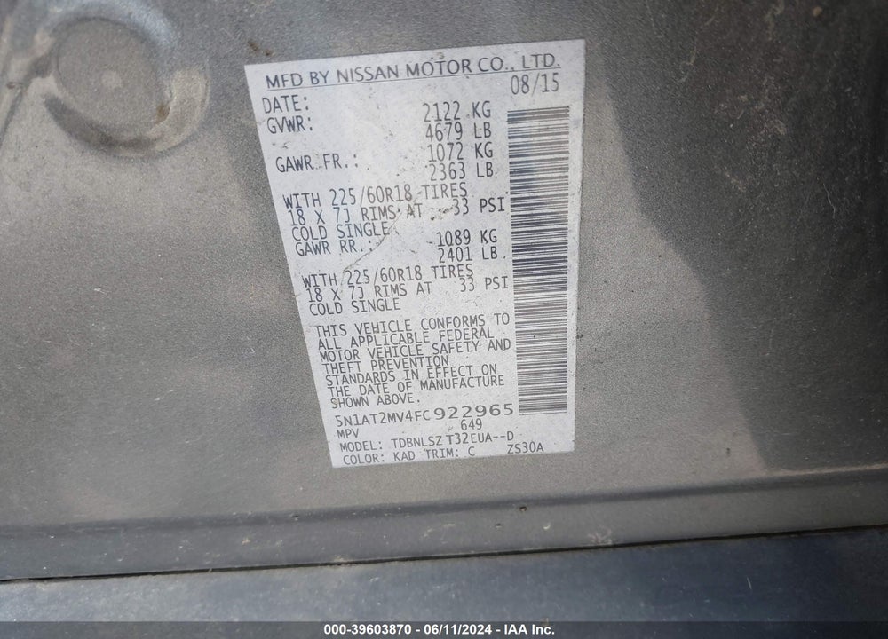 2015 NISSAN ROGUE SL VIN: 5N1AT2MV4FC922965
