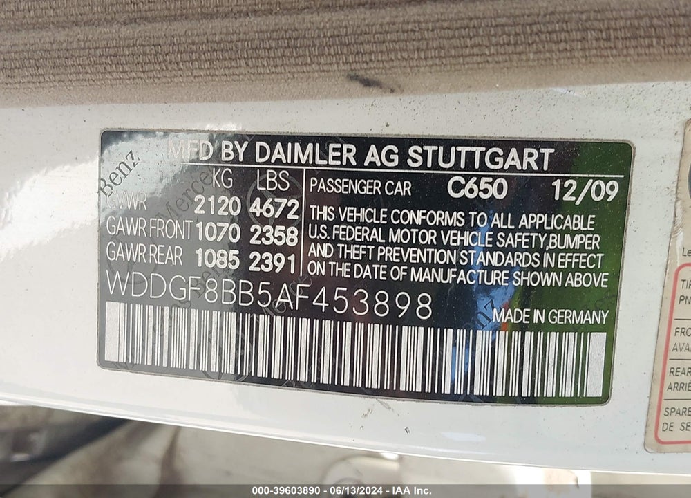 2010 MERCEDES-BENZ C 300 VIN: WDDGF8BB5AF453898