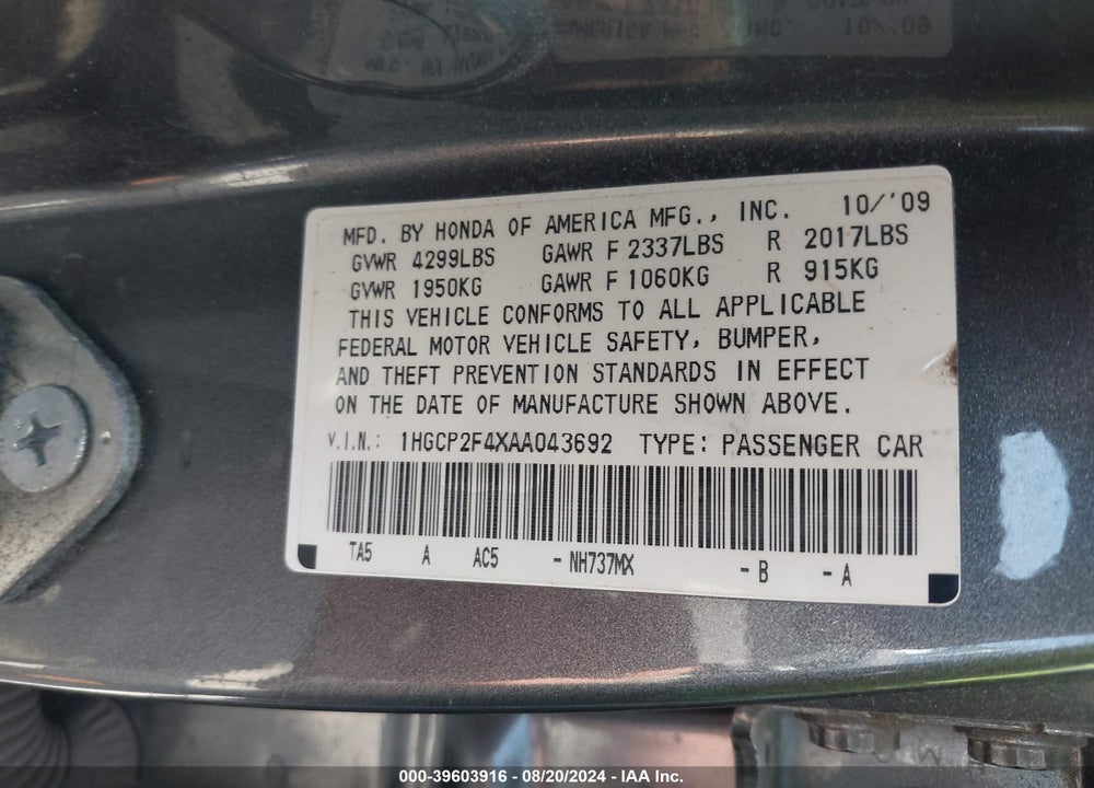 2010 HONDA ACCORD 2.4 LX-P VIN: 1HGCP2F4XAA043692