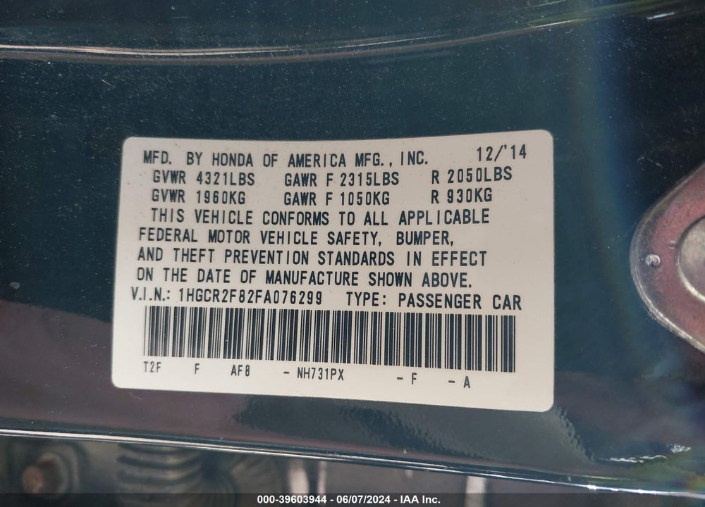 2015 HONDA ACCORD EX-L VIN: 1HGCR2F82FA076299
