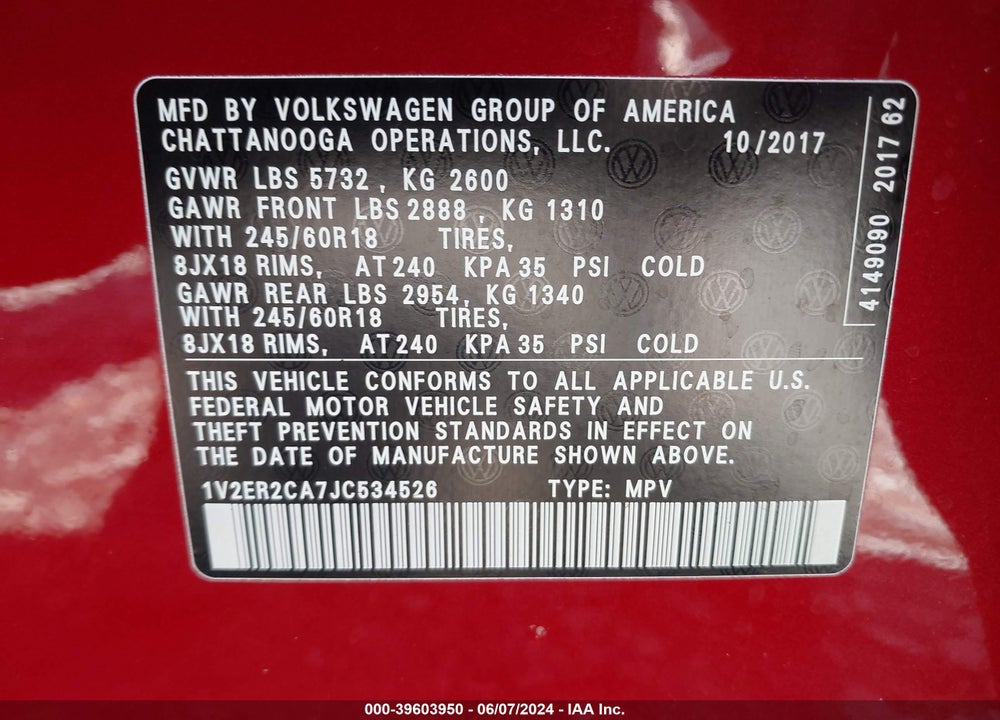 2018 VOLKSWAGEN ATLAS 3.6L V6 SEL VIN: 1V2ER2CA7JC534526