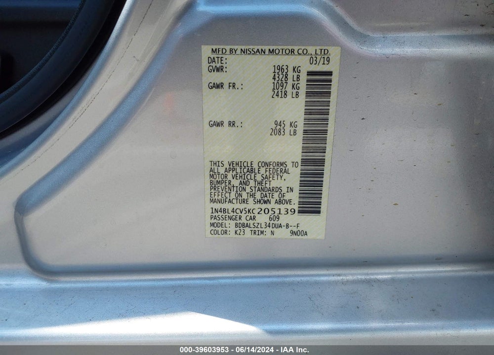 2019 NISSAN ALTIMA 2.5 SR VIN: 1N4BL4CV5KC205139