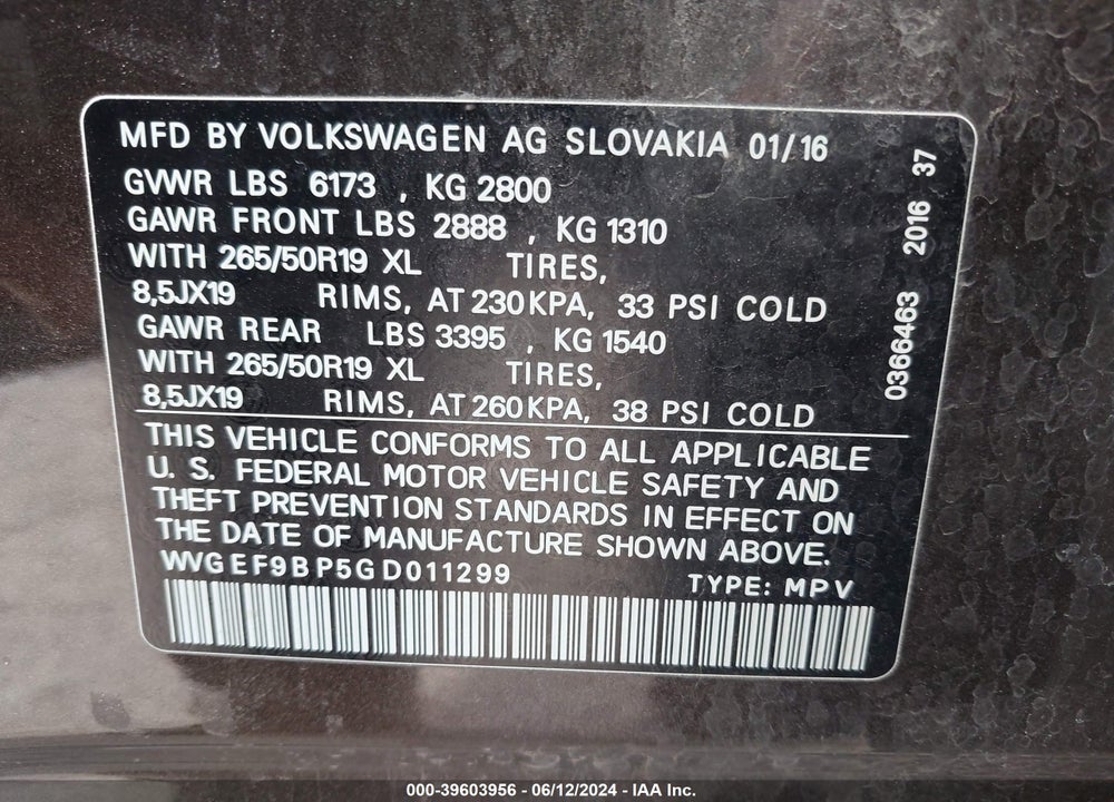2016 VOLKSWAGEN TOUAREG VR6 LUX VIN: WVGEF9BP5GD011299