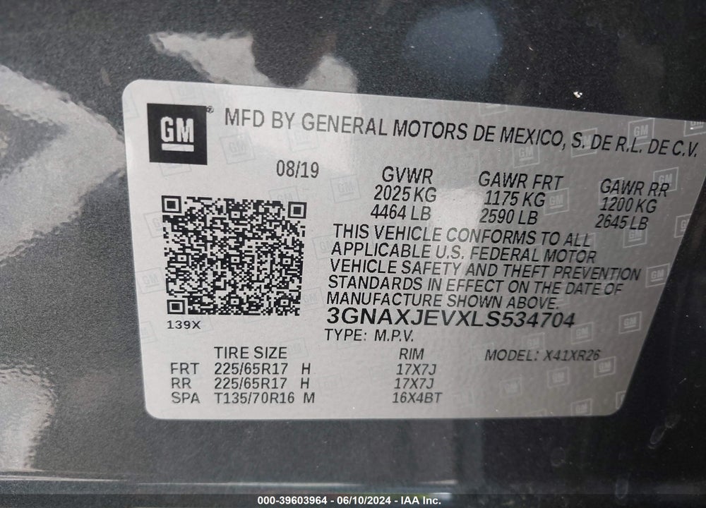 2020 CHEVROLET EQUINOX FWD 2FL VIN: 3GNAXJEVXLS534704