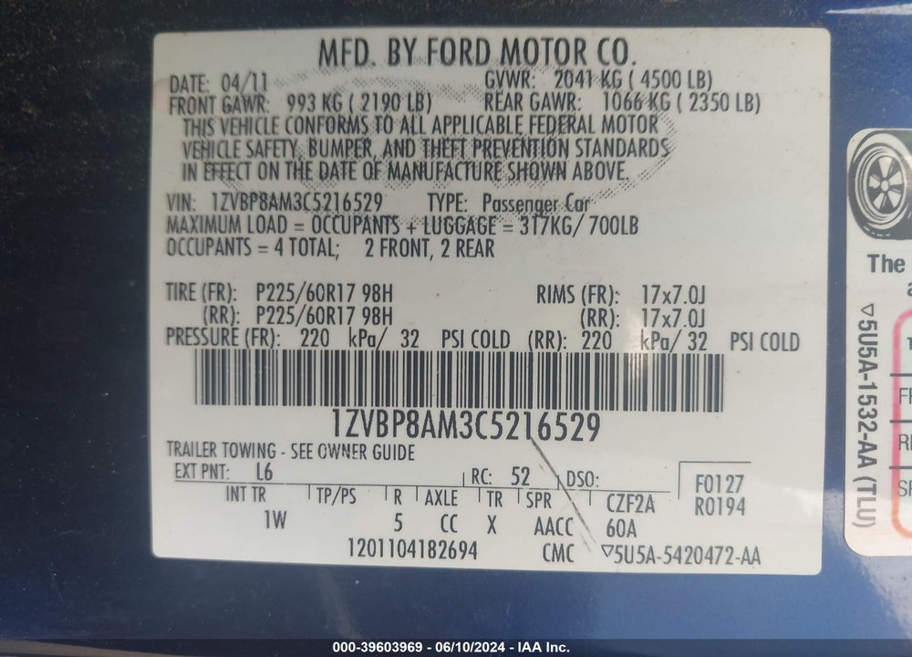 2012 FORD MUSTANG V6 VIN: 1ZVBP8AM3C5216529