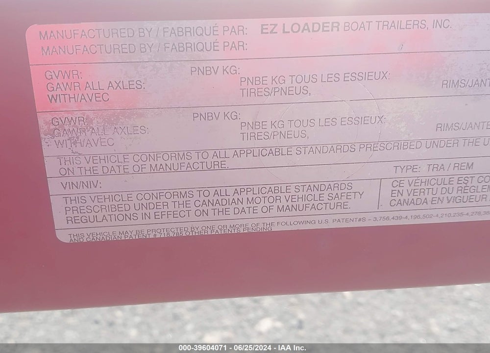 2002 EXXISS ALUMINUM TRAILERS BOAT TRAILER ONLY VIN: 1DHNA0PF721019866