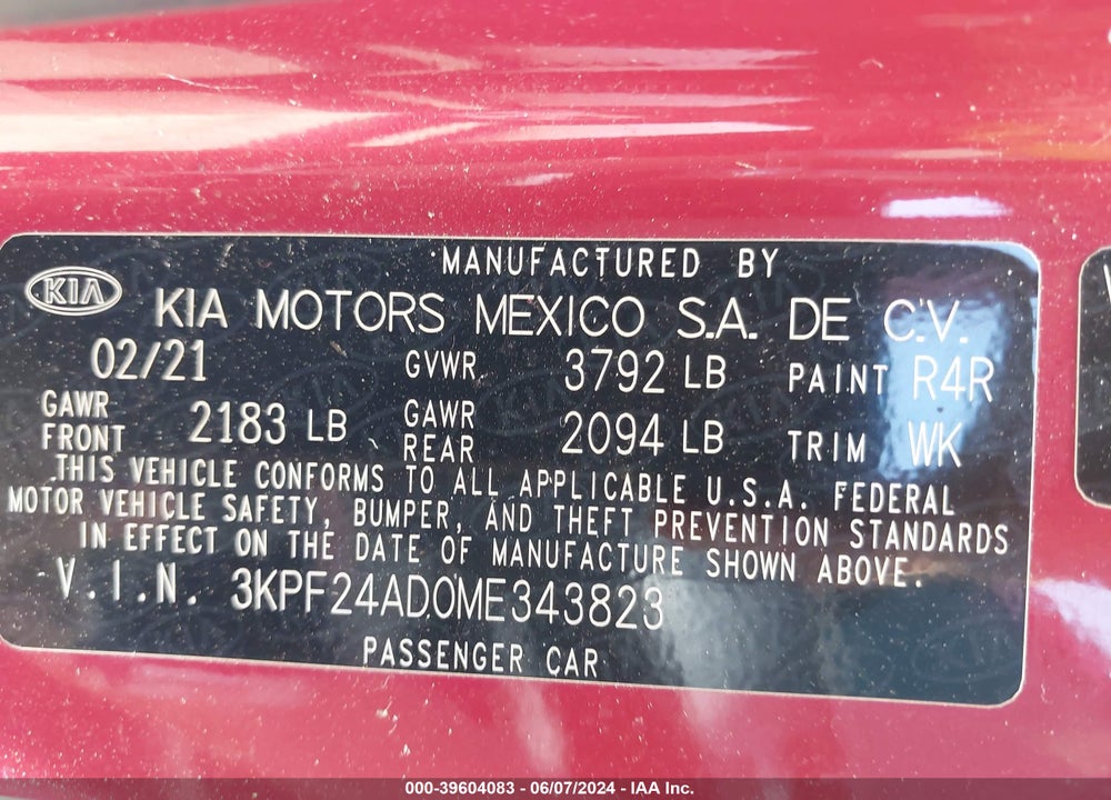 2021 KIA FORTE LXS VIN: 3KPF24AD0ME343823