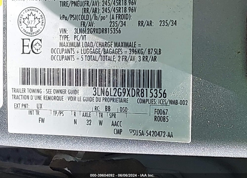 2013 LINCOLN MKZ VIN: 3LN6L2G9XDR815356