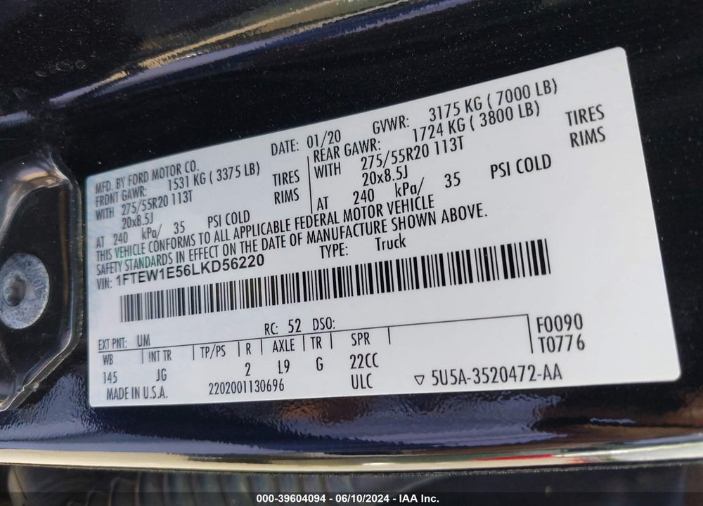 2020 FORD F-150 XL VIN: 1FTEW1E56LKD56220